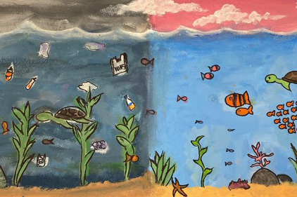Illustrated album cover showing turtles and fish swimming in clean and dirty oceans